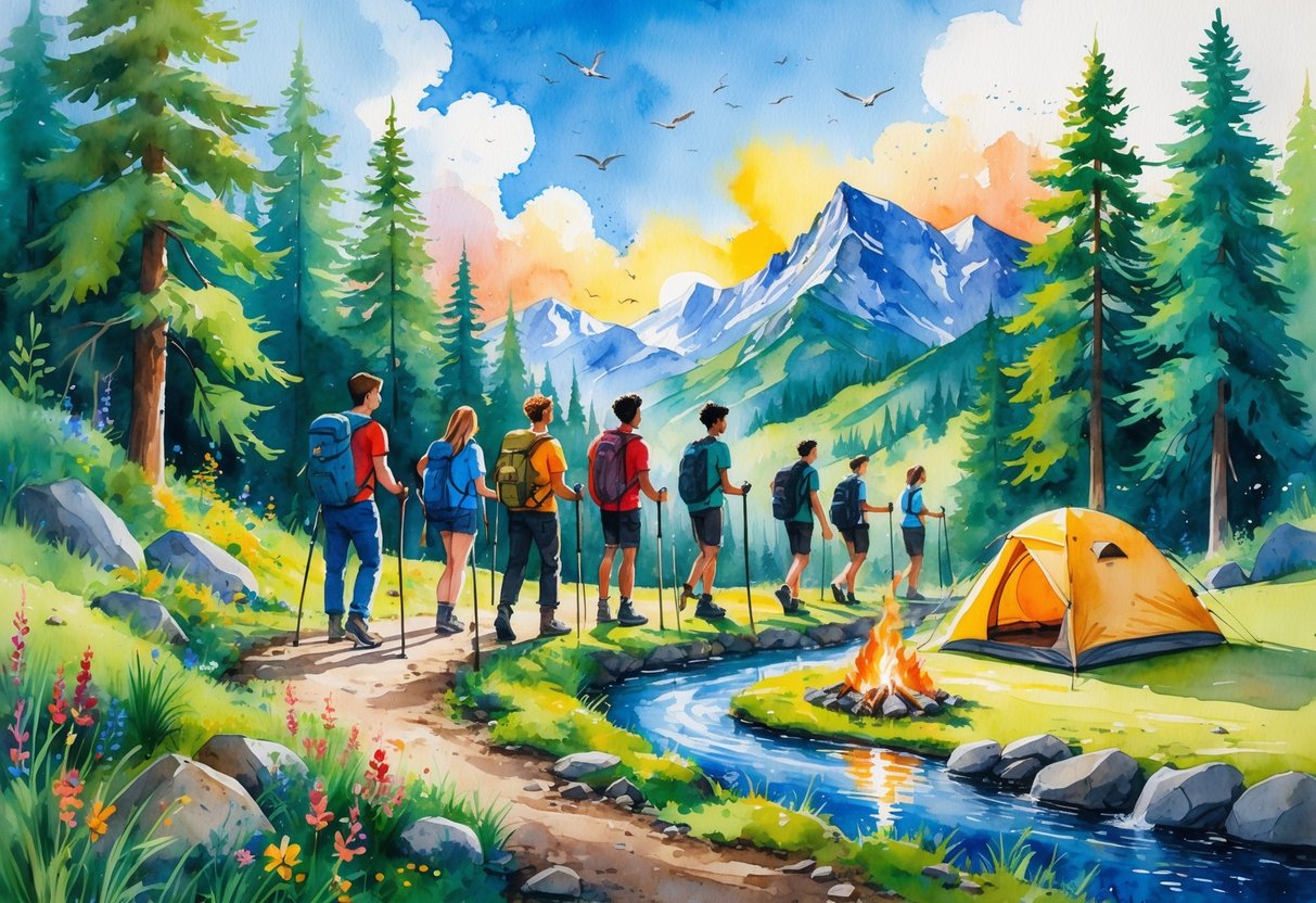 A group of young people hiking on a forest trail near mountains, with a campfire, tent, trees, and a stream in a natural outdoor setting.