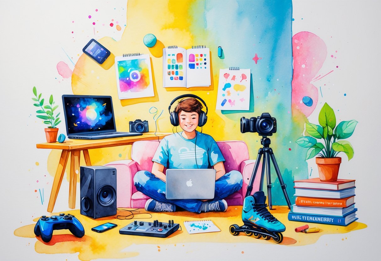 A young person sitting in a cozy room with headphones and a microphone, surrounded by items like a gaming console, sketchbook, camera, smartphone, books, and rollerblades.