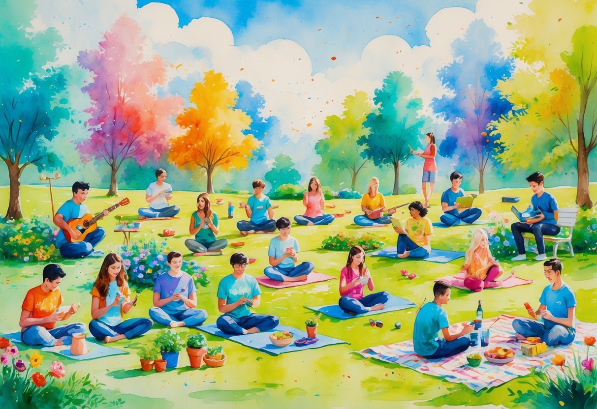 A group of young people enjoying various hobbies outdoors, including painting, playing music, reading, yoga, gardening, gaming, cooking, photography, skateboarding, and socializing in a sunny park.