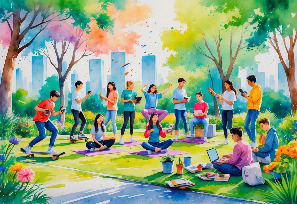 A group of young people enjoying various hobbies outdoors, including skateboarding, gaming, digital art, yoga, gardening, cooking, playing guitar, photography, reading, and collaborating on a project.