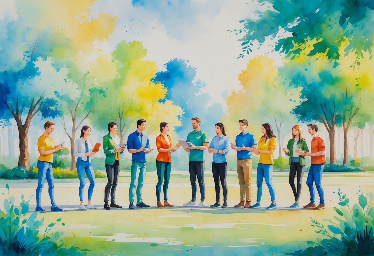 A group of people in a park engaged in teamwork, mentoring, public speaking, volunteering, and collaborative activities that promote leadership skills.