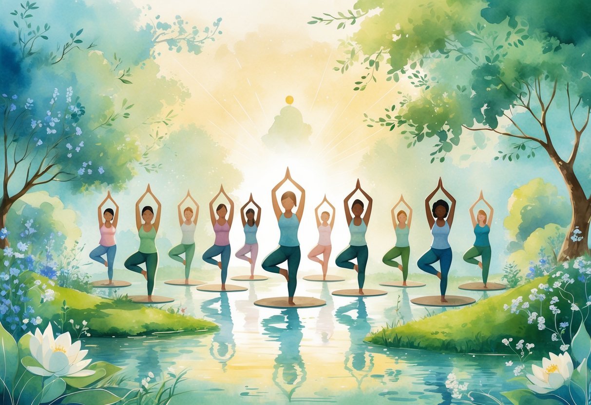 A group of people practicing yoga outdoors in a garden at sunrise, surrounded by flowers and calm water, with subtle imagery of leadership and connection in the background.
