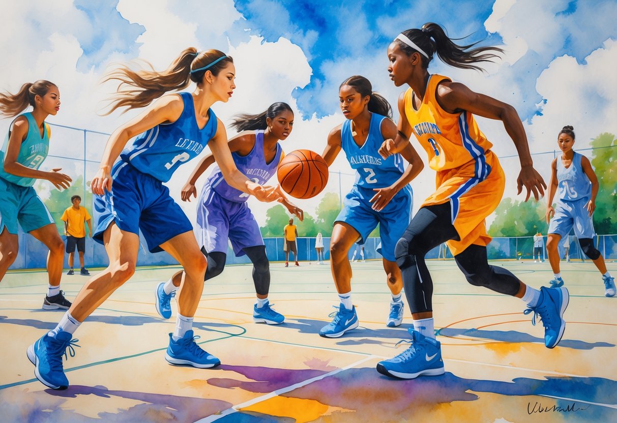 A group of people playing basketball together on an outdoor court, working as a team during a game.