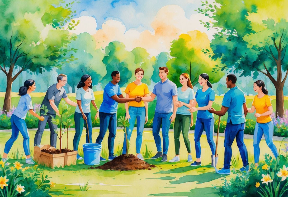 A group of diverse people volunteering together outdoors, planting trees and interacting warmly in a park.