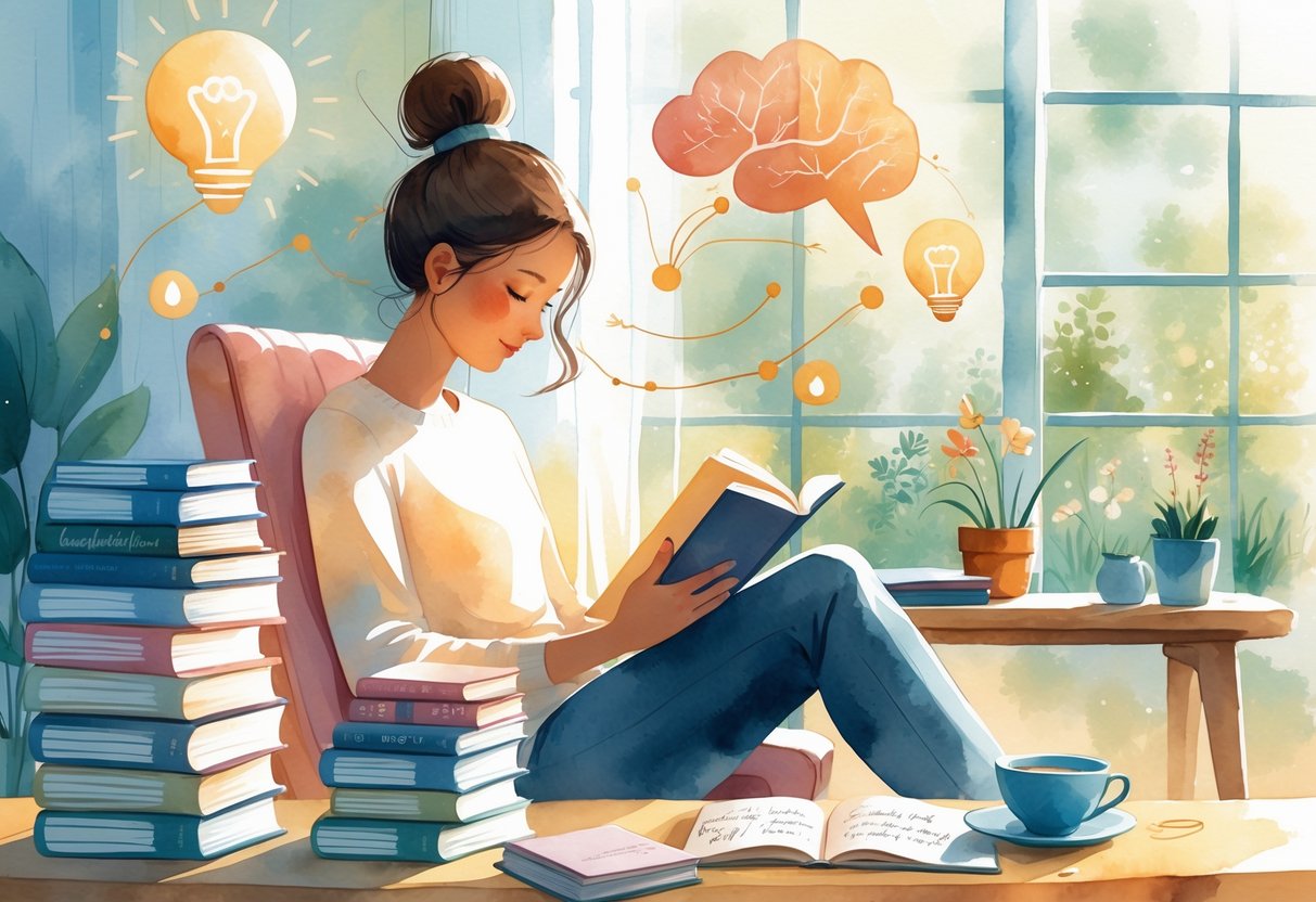 A person reading a book in a cozy room filled with books and symbols representing communication and thinking.