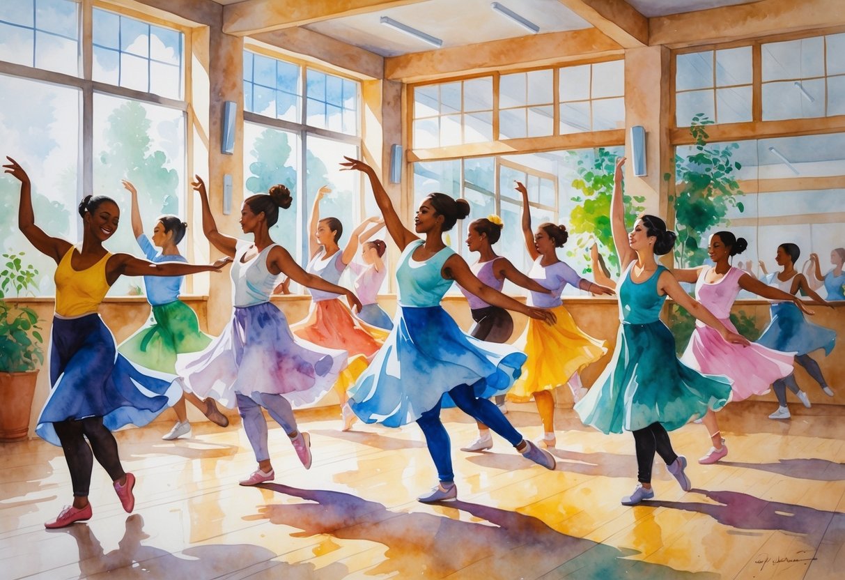 A group of people dancing together in a bright studio, moving gracefully and energetically.