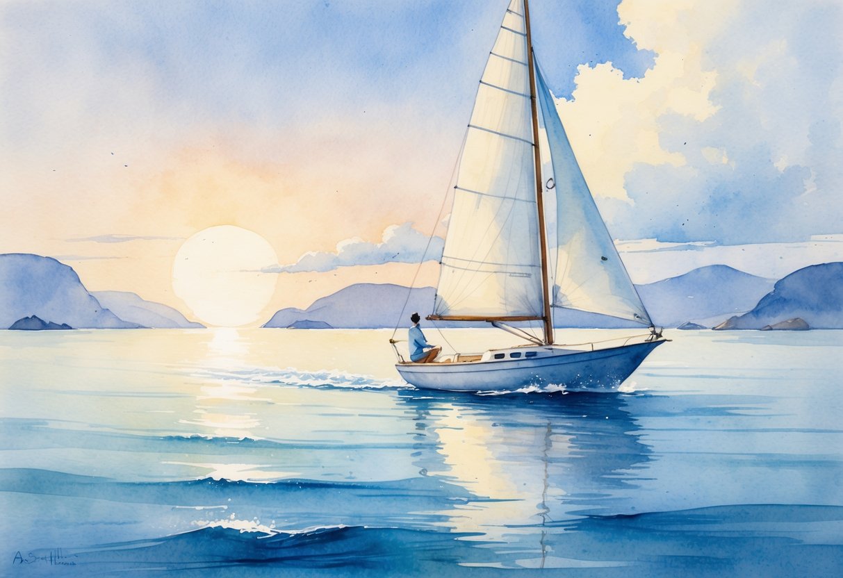 A small sailboat with white sails on calm blue water at sunrise, with a person steering the boat.