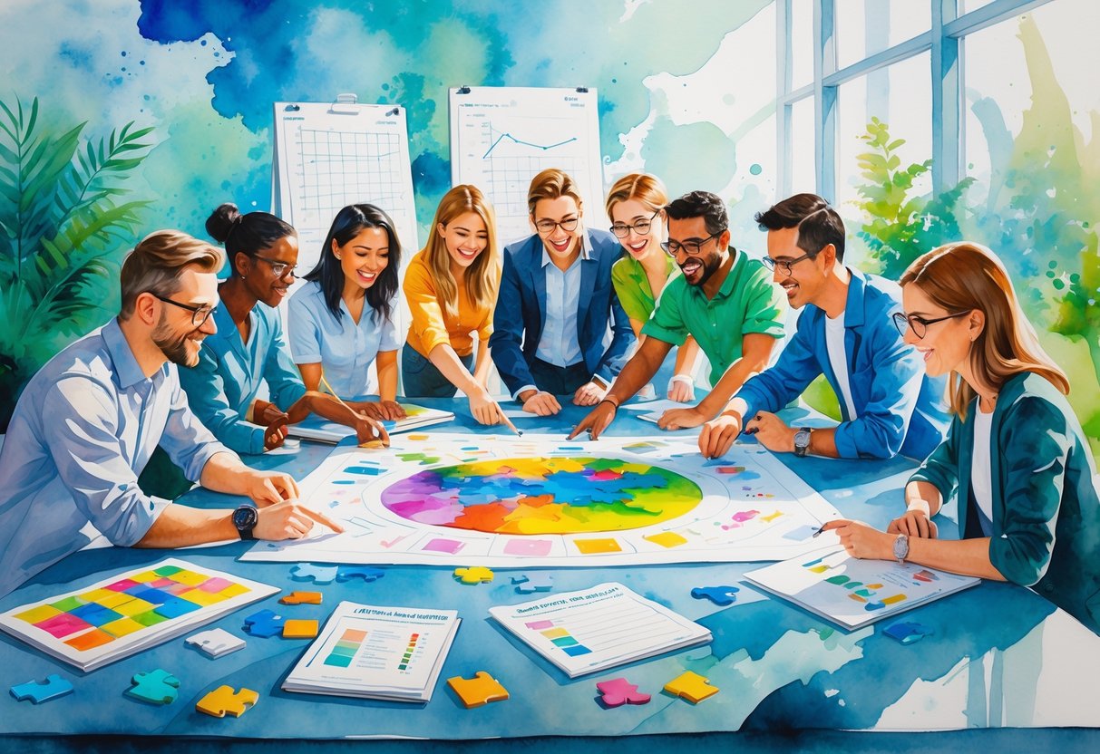 A group of people working together around a table with puzzles and charts, collaborating and discussing ideas in a bright room.