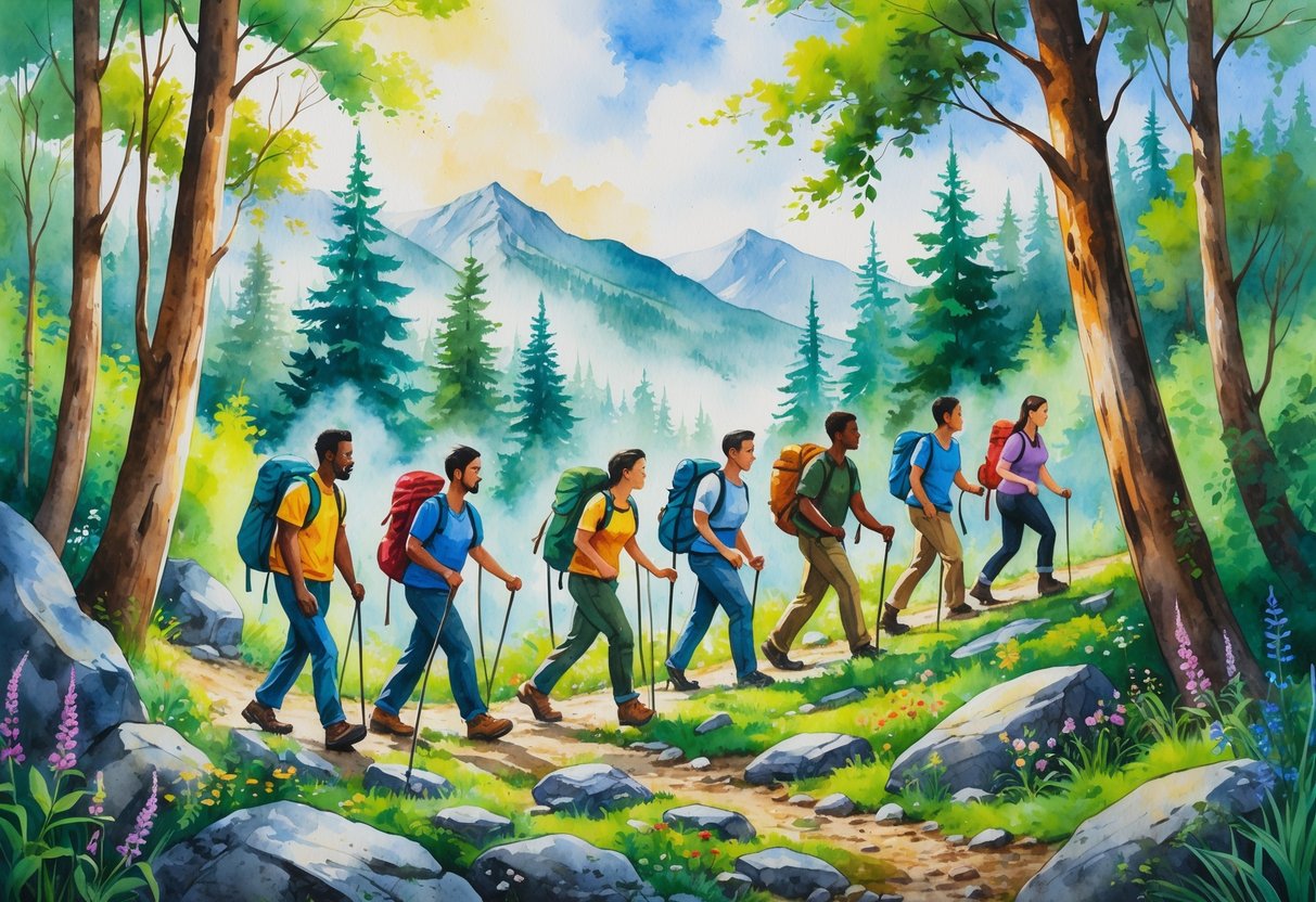 A group of people hiking together on a forest trail in the mountains, helping each other and walking as a team.