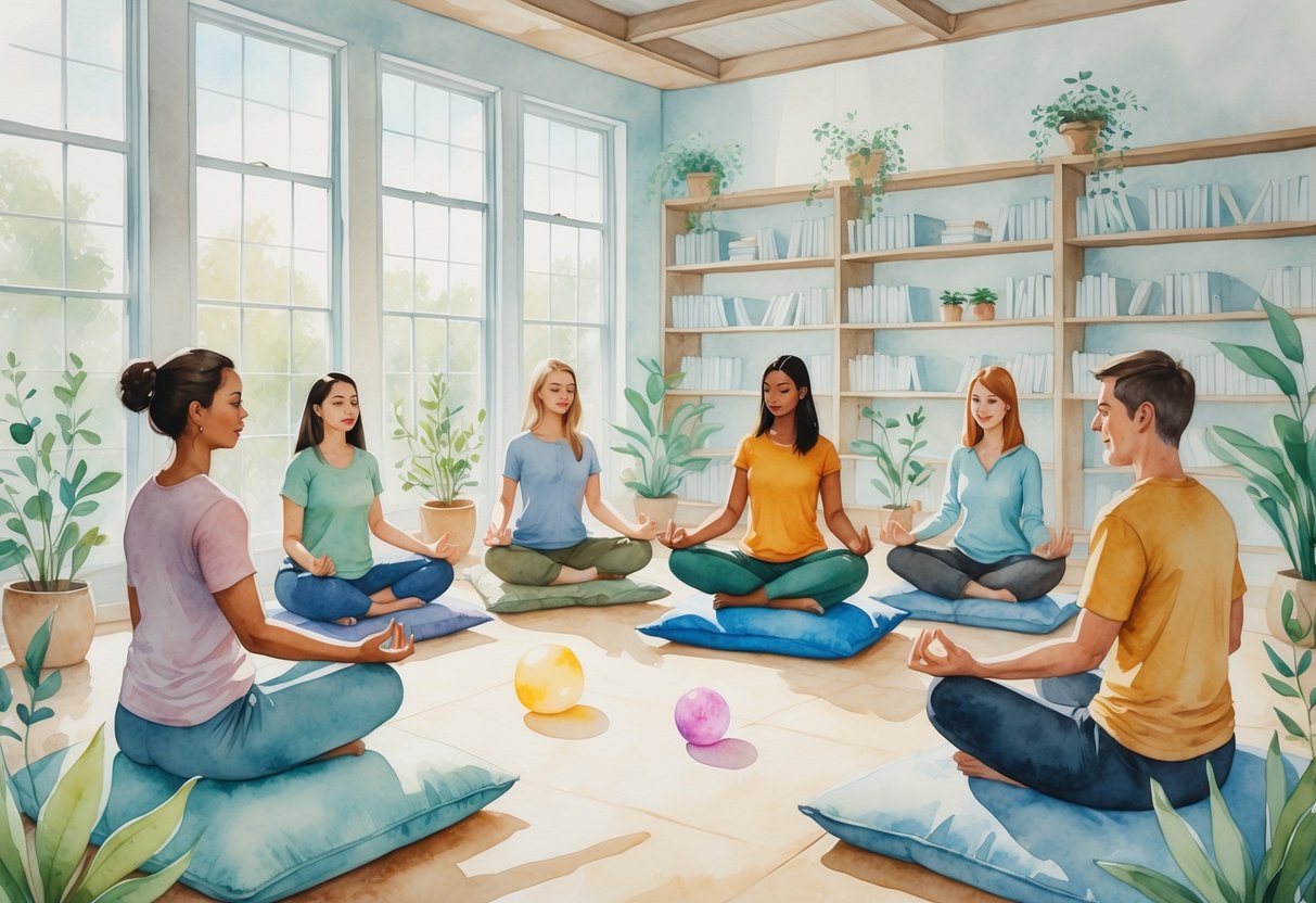 People sitting cross-legged on cushions in a bright room, meditating peacefully surrounded by plants and books.