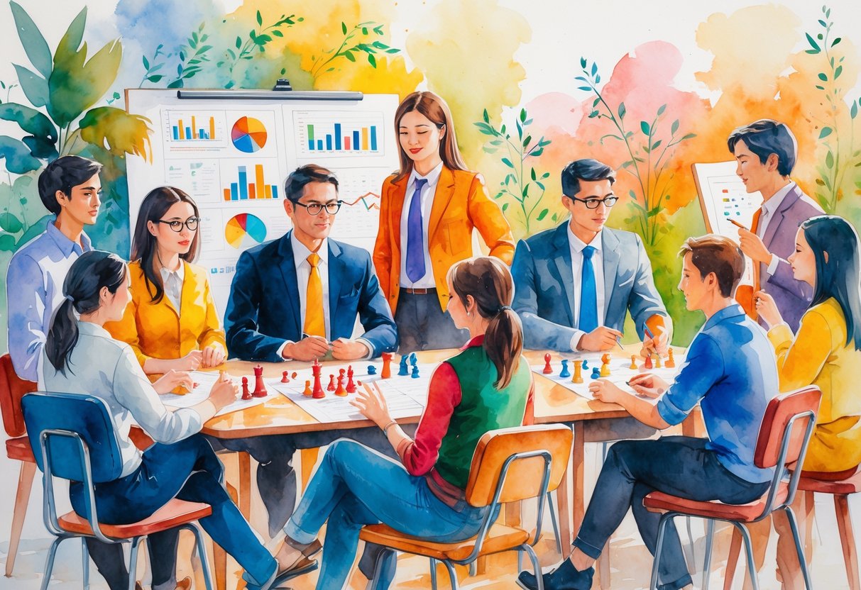 A group of people engaged in various activities like team discussion, public speaking, puzzle solving, mentoring, and creative arts, representing growth and leadership development.