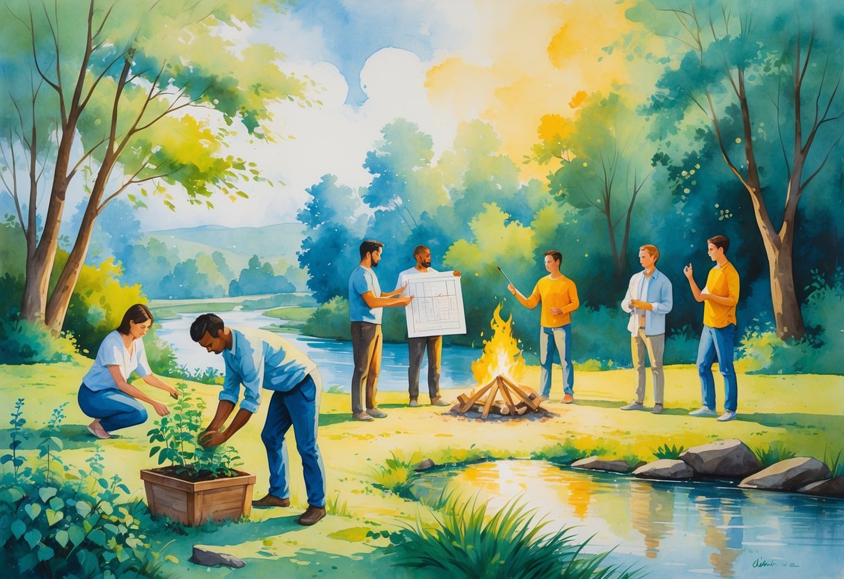 A group of people outdoors engaging in gardening, drawing, group discussion, and martial arts, surrounded by trees and a river.