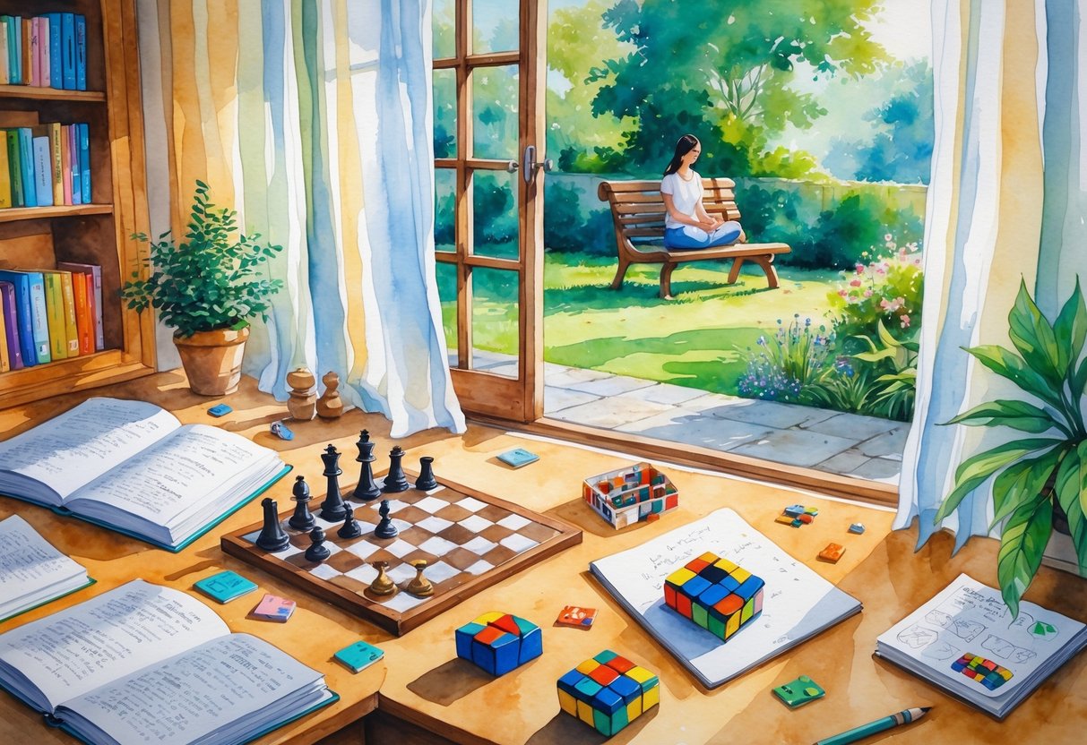 A cozy study room with a person reading a book, a chessboard, a partially completed puzzle, a sketchpad, a Rubik's cube, logic puzzle cards, an indoor plant, and a garden outside where someone is meditating.