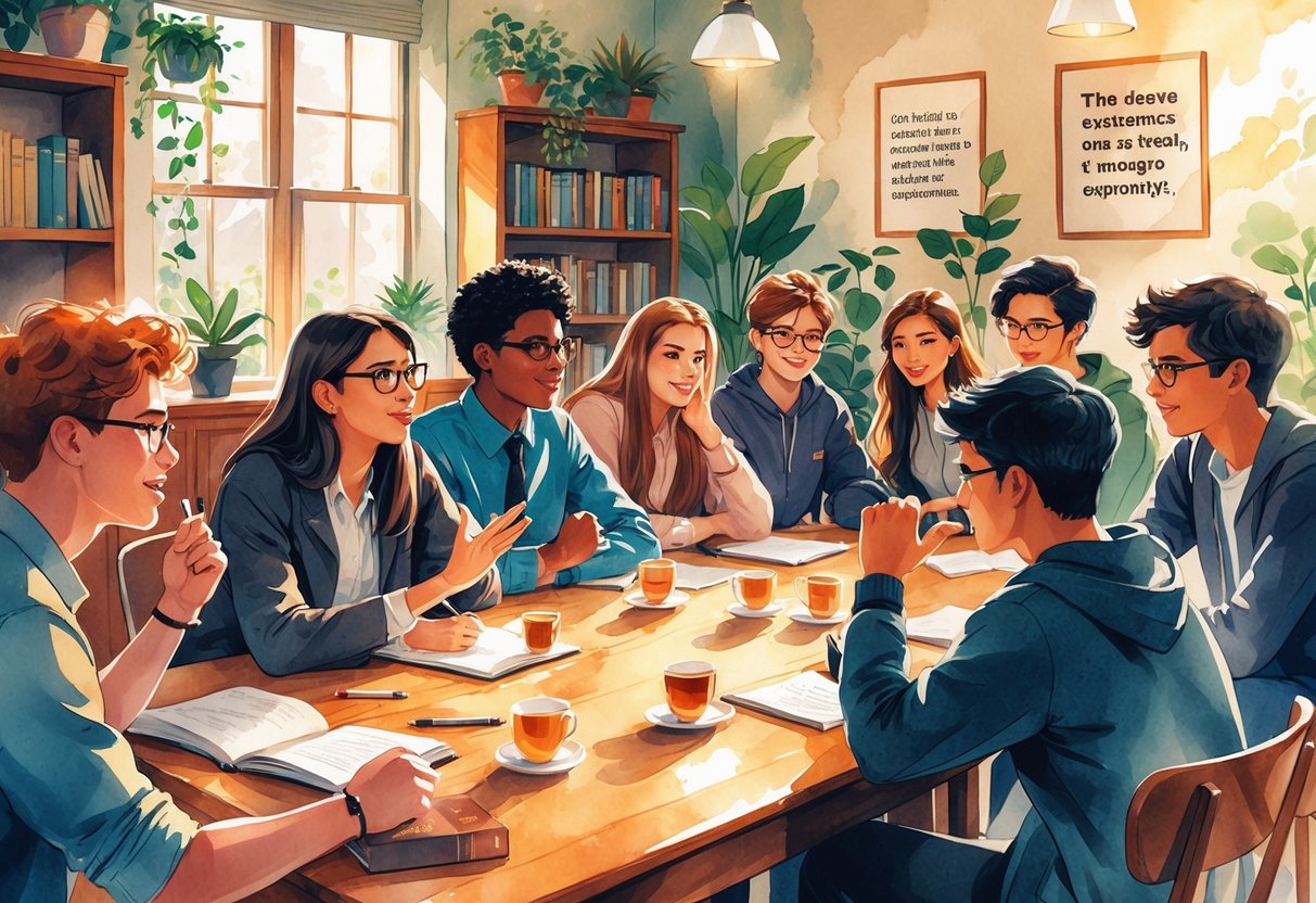 A group of young people sitting around a table engaged in a lively debate in a cozy room with bookshelves and plants.