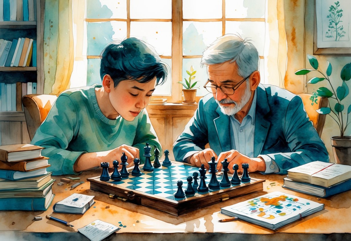 Two people focused on a chess game at a wooden table in a cozy room with books, a puzzle, and a notebook nearby.