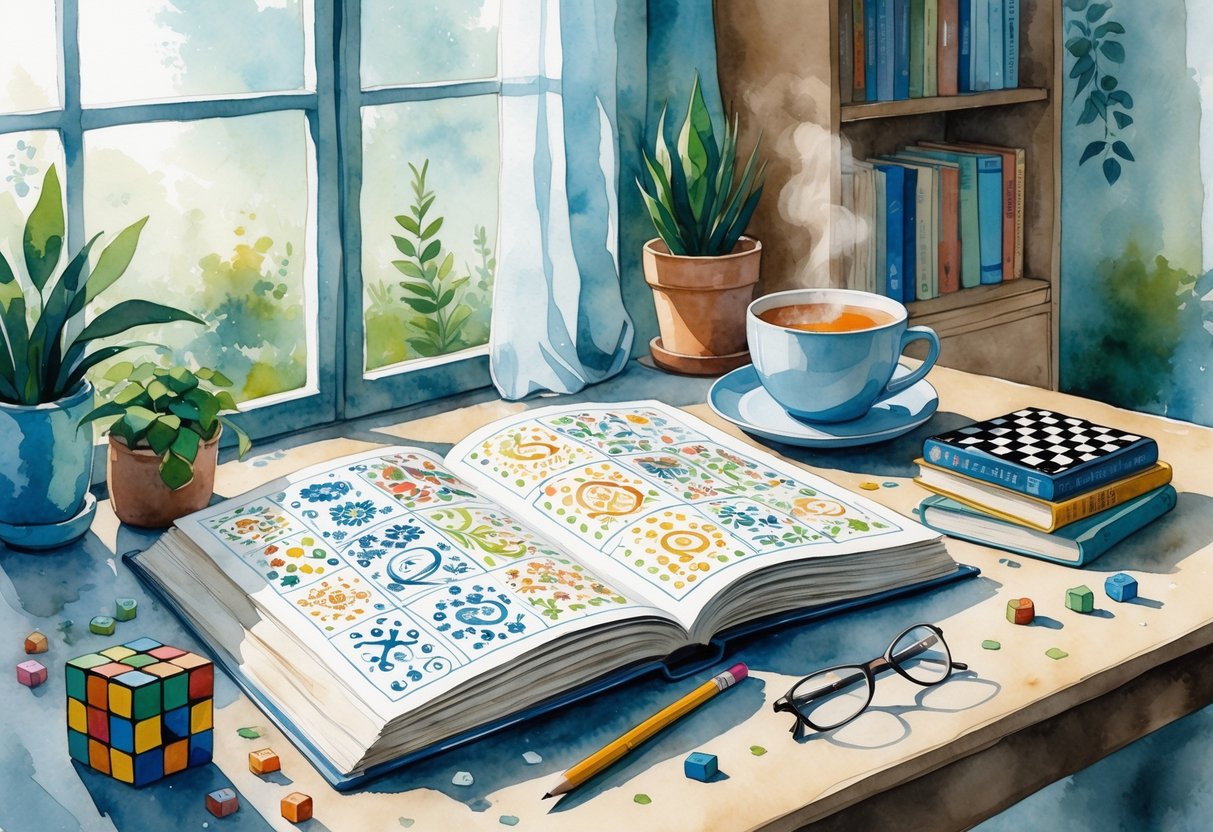 A cozy study table by a window with an open logic puzzle book, chessboard, Rubik's cube, and tea cup surrounded by books and plants.