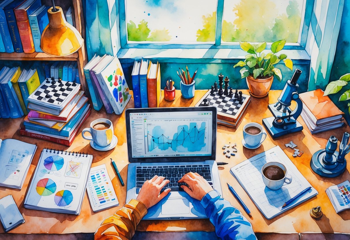 A cozy workspace with a person programming on a laptop surrounded by books, puzzles, a chessboard, art supplies, a microscope, board games, a journal, and coding diagrams.