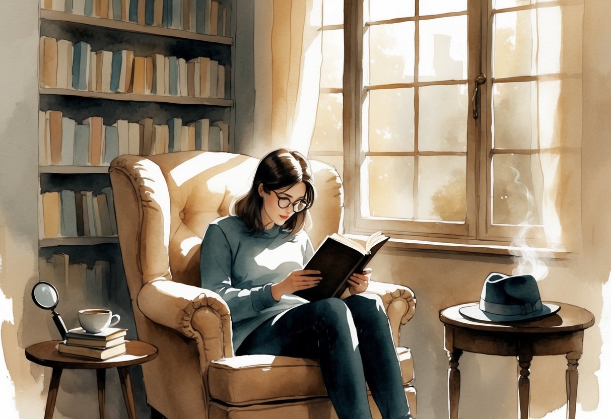 A person sitting in an armchair by a window, reading a book surrounded by bookshelves and a table with a cup of tea and reading glasses.