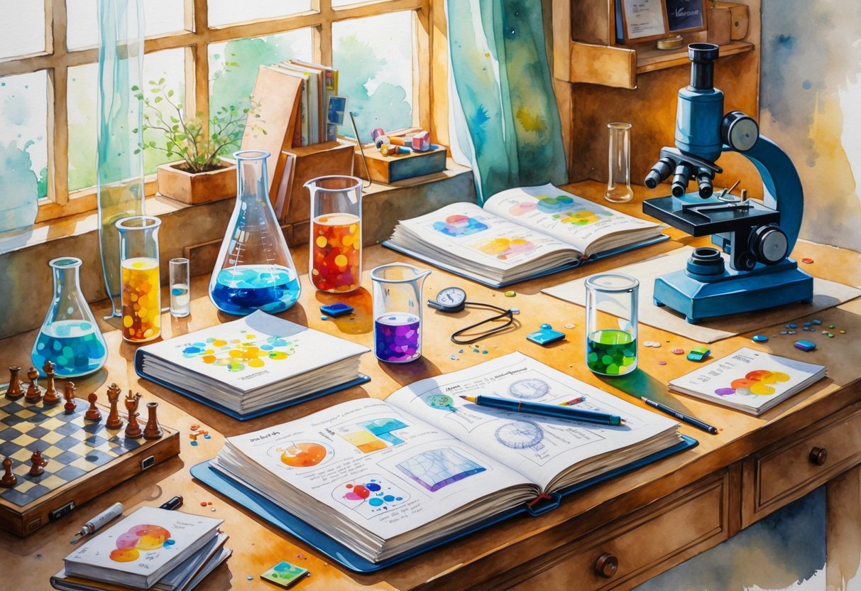 A study desk with scientific tools, a microscope, chessboard, puzzle pieces, books, and a brain model arranged to represent hobbies that develop critical thinking.