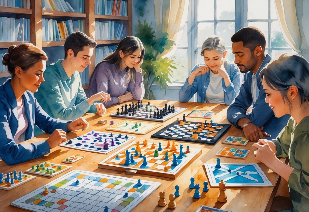 A group of people playing various strategy board games around a wooden table, focused and engaged in the games.
