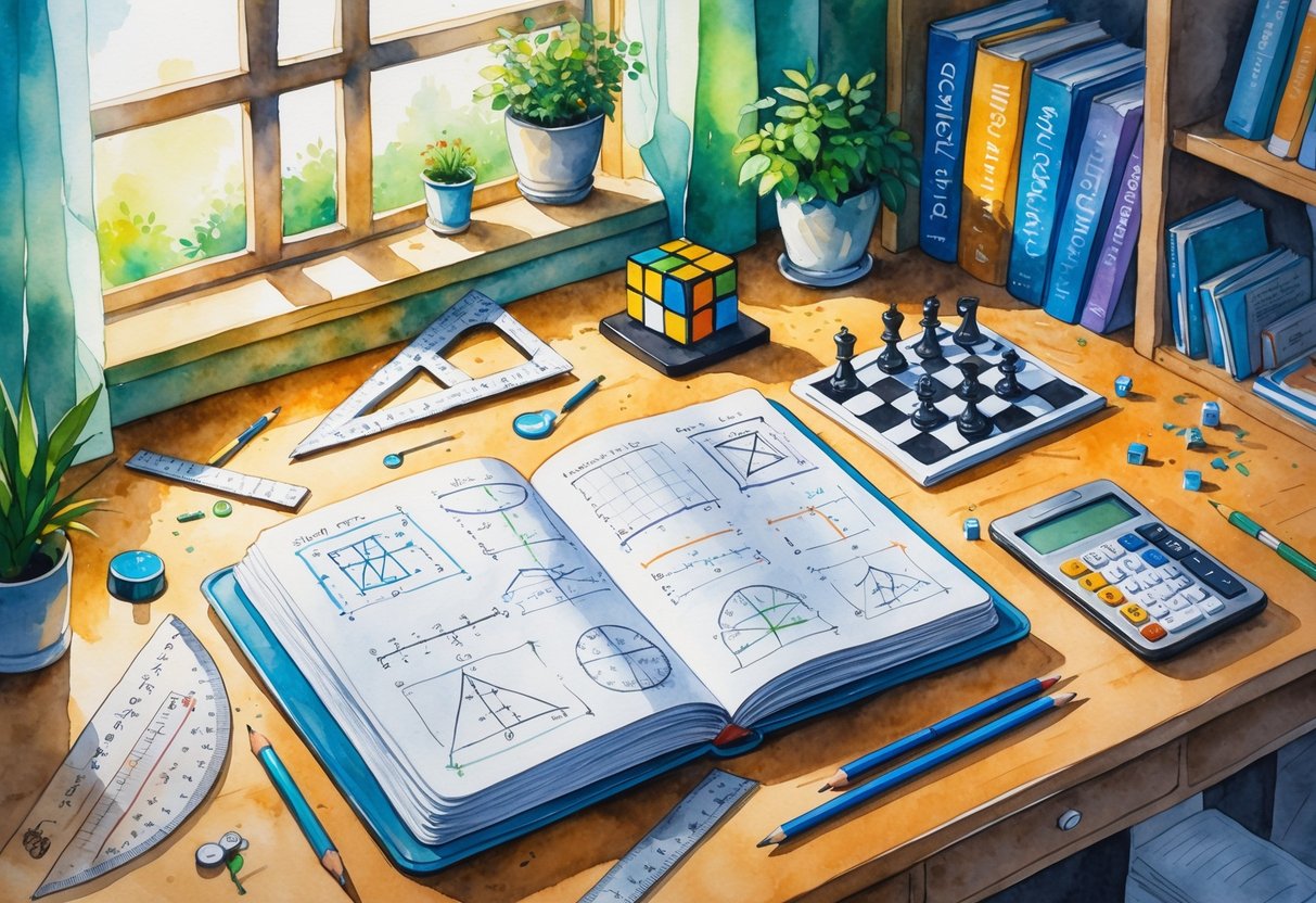 A study desk with math notes, a chessboard, a Rubik's cube, puzzle pieces, and books, illuminated by natural light from a window.