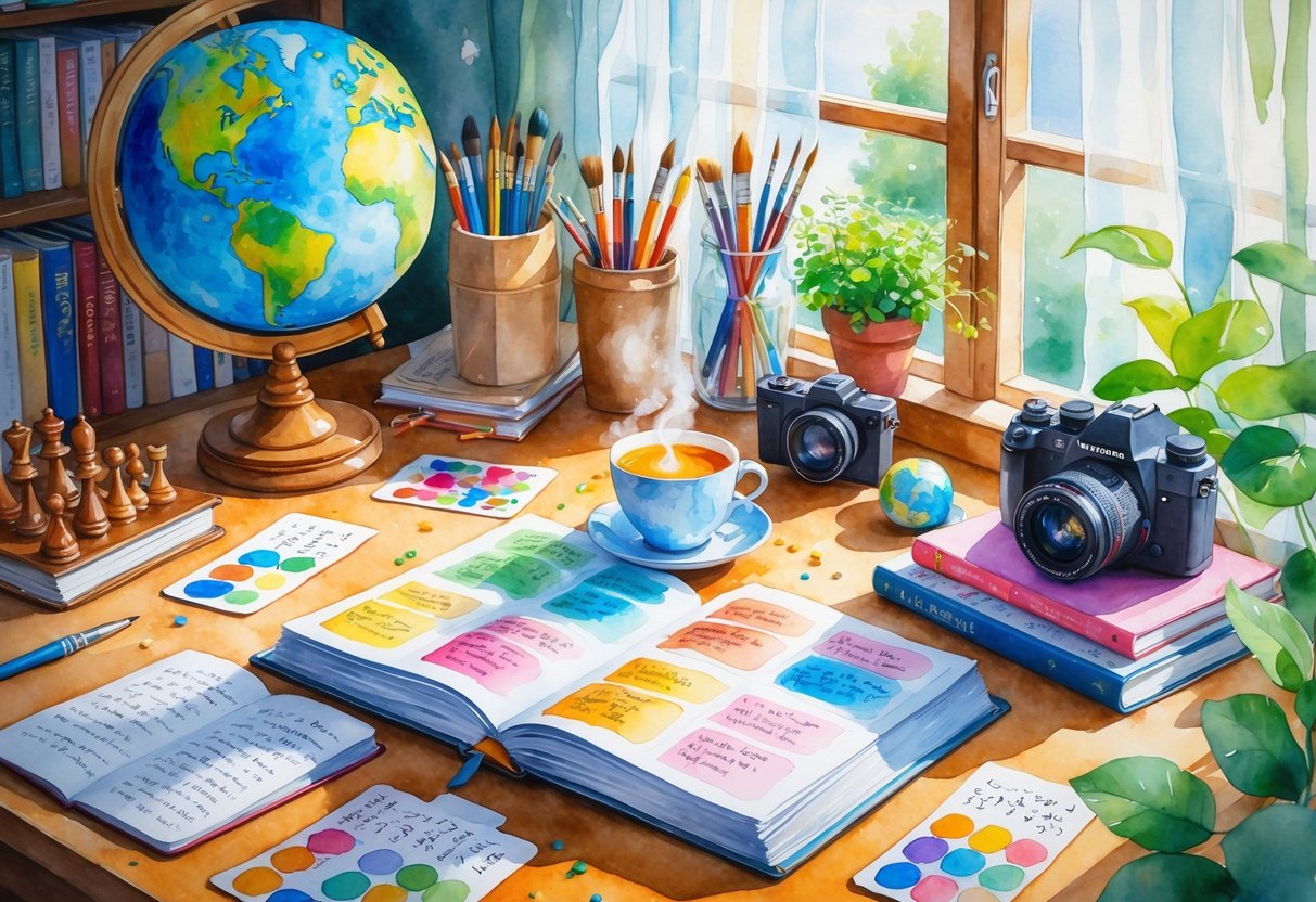 A cozy study room with an open book, language flashcards, a globe, a chessboard, a puzzle, paintbrushes, a camera, and a plant on a wooden desk by a window with sunlight streaming in.
