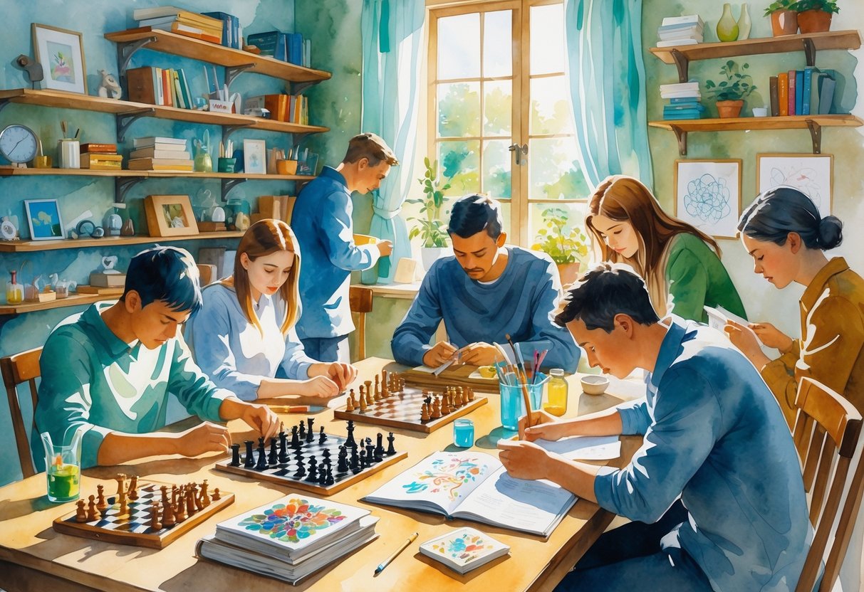 A sunlit room with people engaged in hobbies like assembling puzzles, playing chess, sketching, reading, and doing a science experiment, surrounded by books and musical instruments.