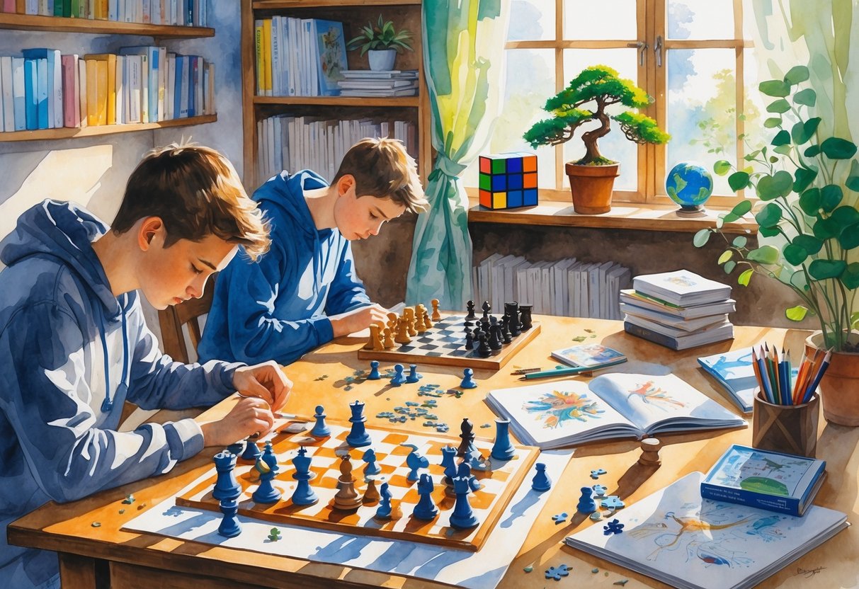 A cozy room with people engaged in hobbies like solving a jigsaw puzzle and playing chess, surrounded by books, a Rubik's cube, a sketchbook, a bonsai tree, and a model airplane.