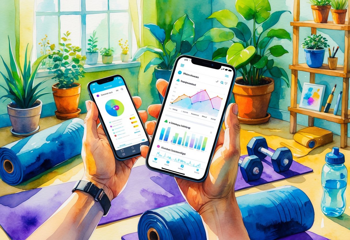 A person using a smartphone to track fitness progress in a cozy room with workout equipment and hobby items nearby.