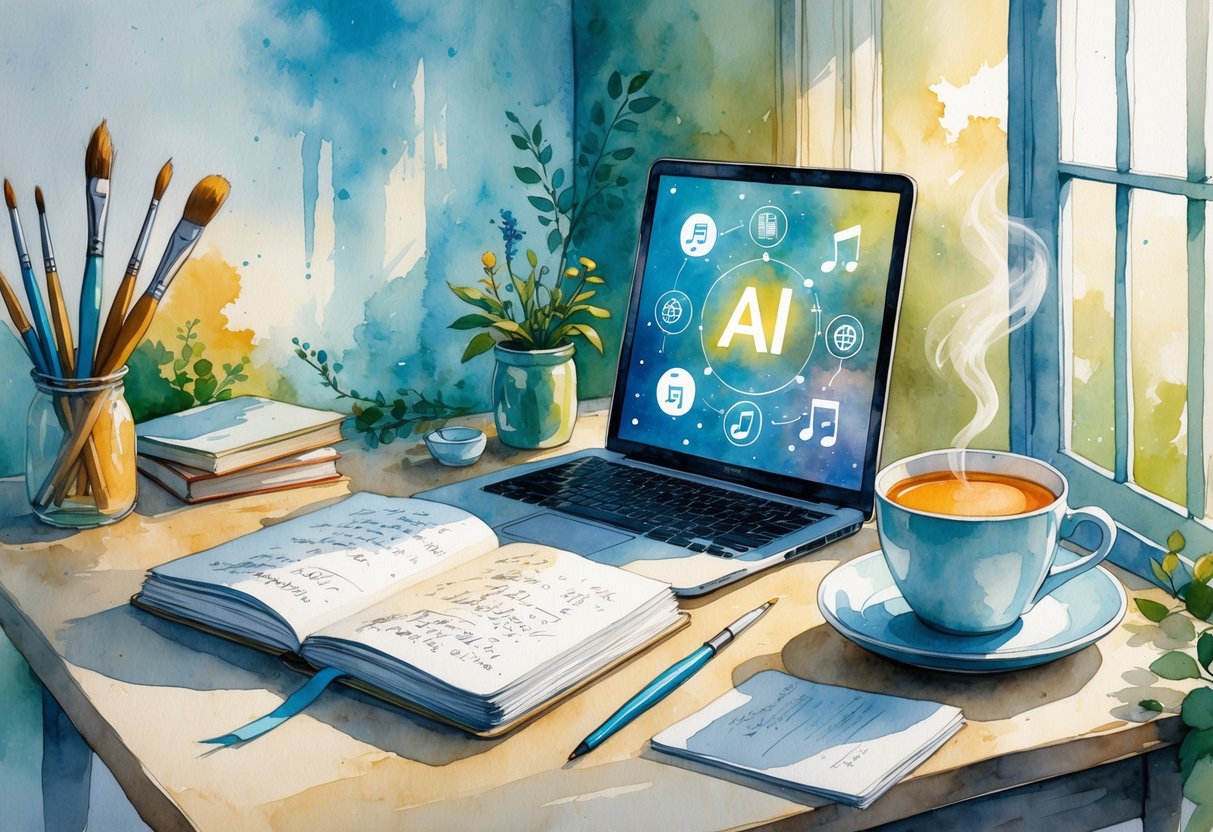 A cozy workspace with an open notebook, a laptop, a cup of tea, and hobby-related items like paintbrushes and books on a table near a window.