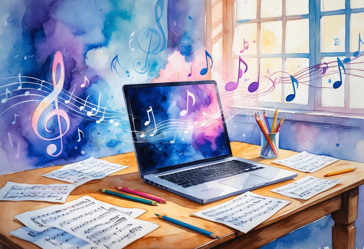 A person working at a desk with a laptop and music sheets, surrounded by floating musical notes and soft natural light.