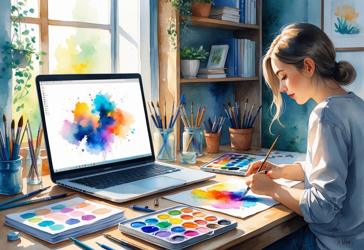 A person painting with watercolors at a desk with an open laptop and art supplies in a cozy room.