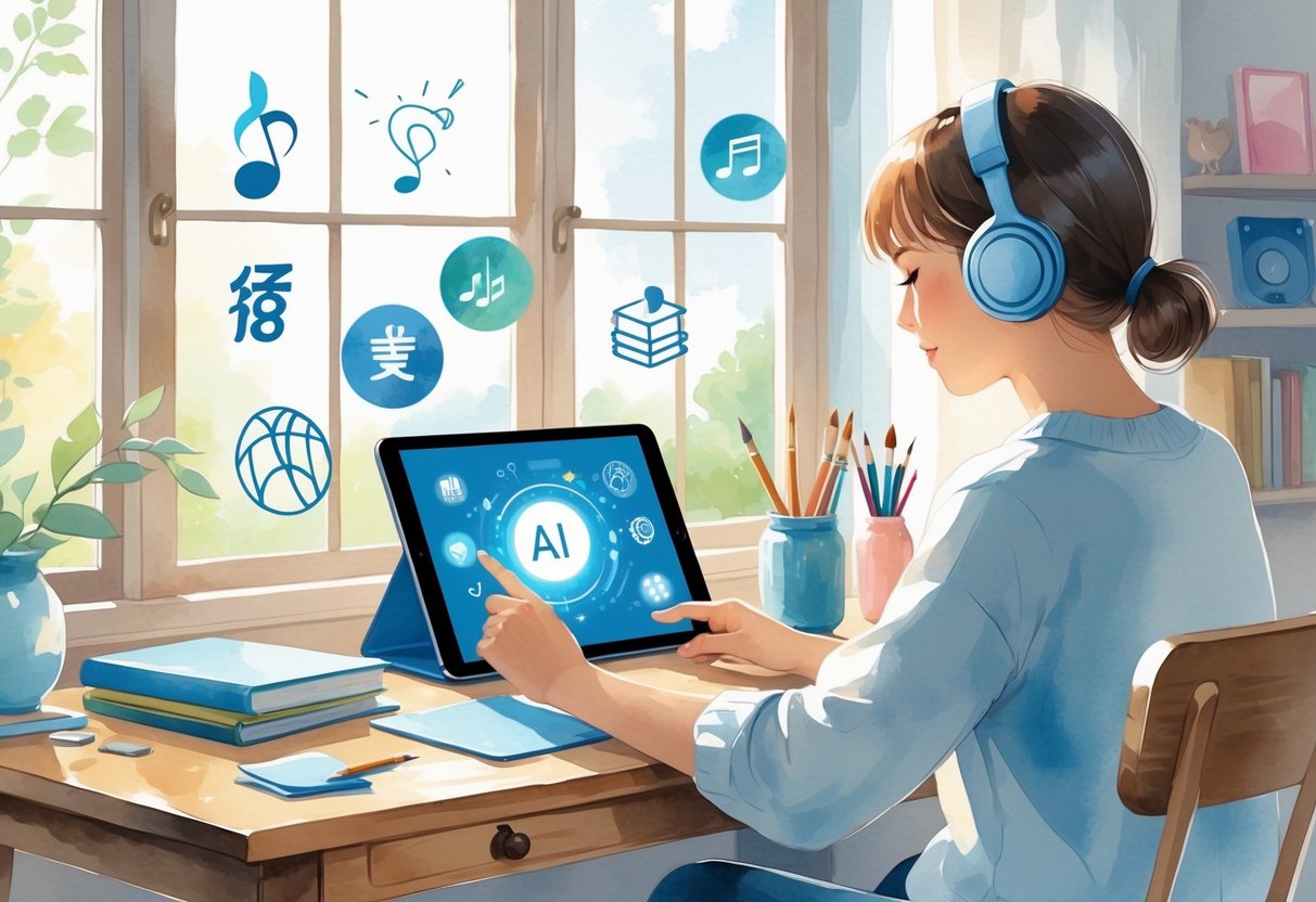A person sitting at a desk by a window using a tablet, surrounded by symbols representing language learning and hobbies.