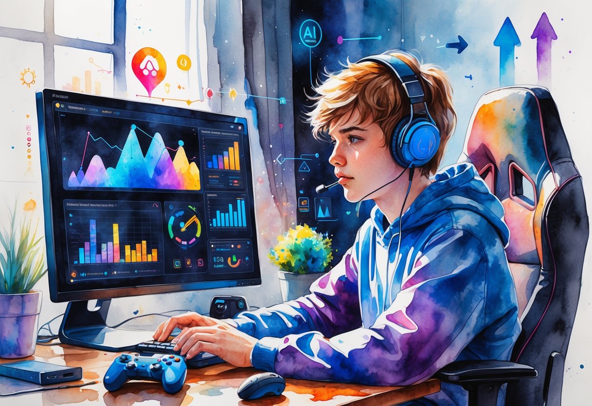 A young person focused on a computer screen showing game analytics and strategy charts in a cozy room with gaming accessories.