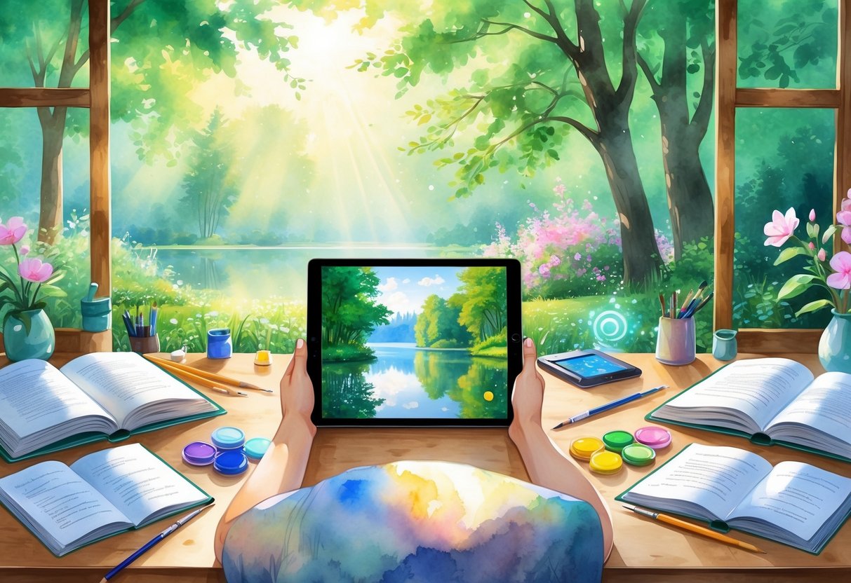 A person at a wooden desk holding a tablet showing a nature photo, surrounded by watercolor paints, brushes, books, and a window with a garden view.