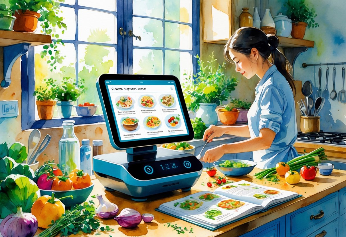 A person cooking in a kitchen with an AI cooking assistant device displaying recipes and surrounded by fresh ingredients and utensils.