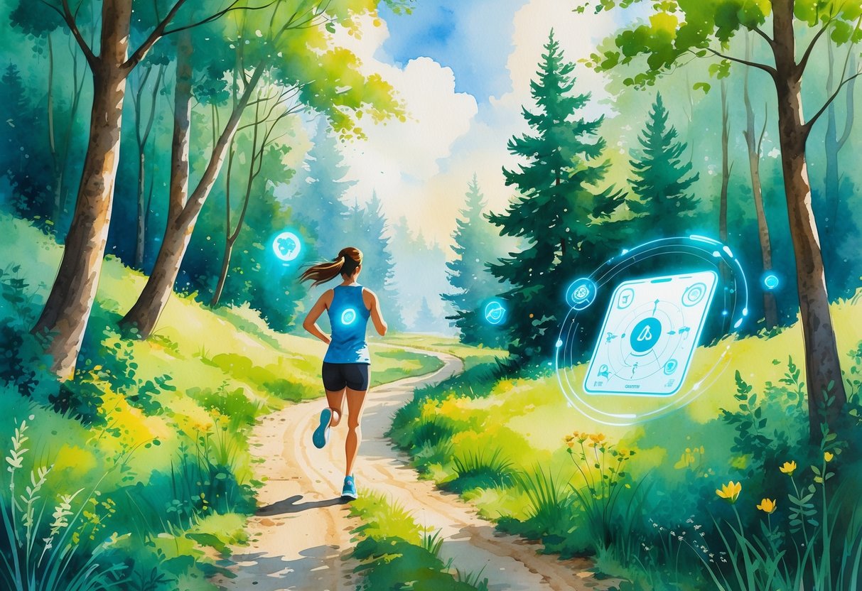 A person jogging on a forest trail surrounded by trees and wildflowers, with subtle digital icons floating nearby, showing a blend of nature and technology.