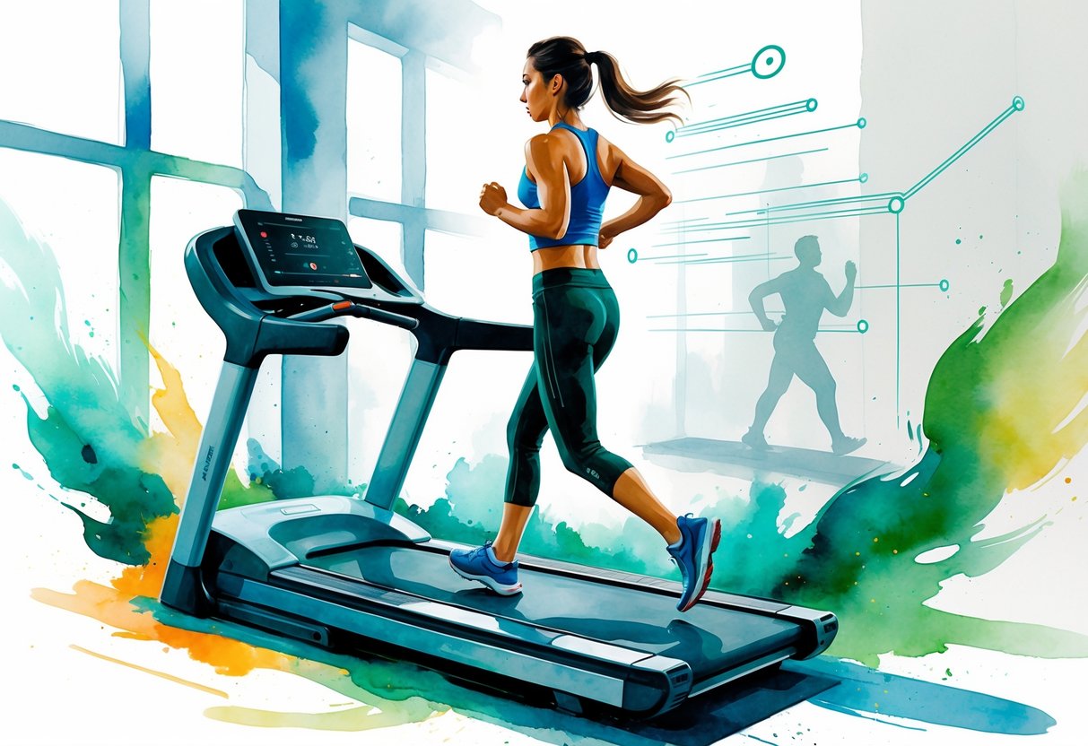 A person jogging on a treadmill in a gym with abstract digital elements representing AI adjusting the workout automatically.