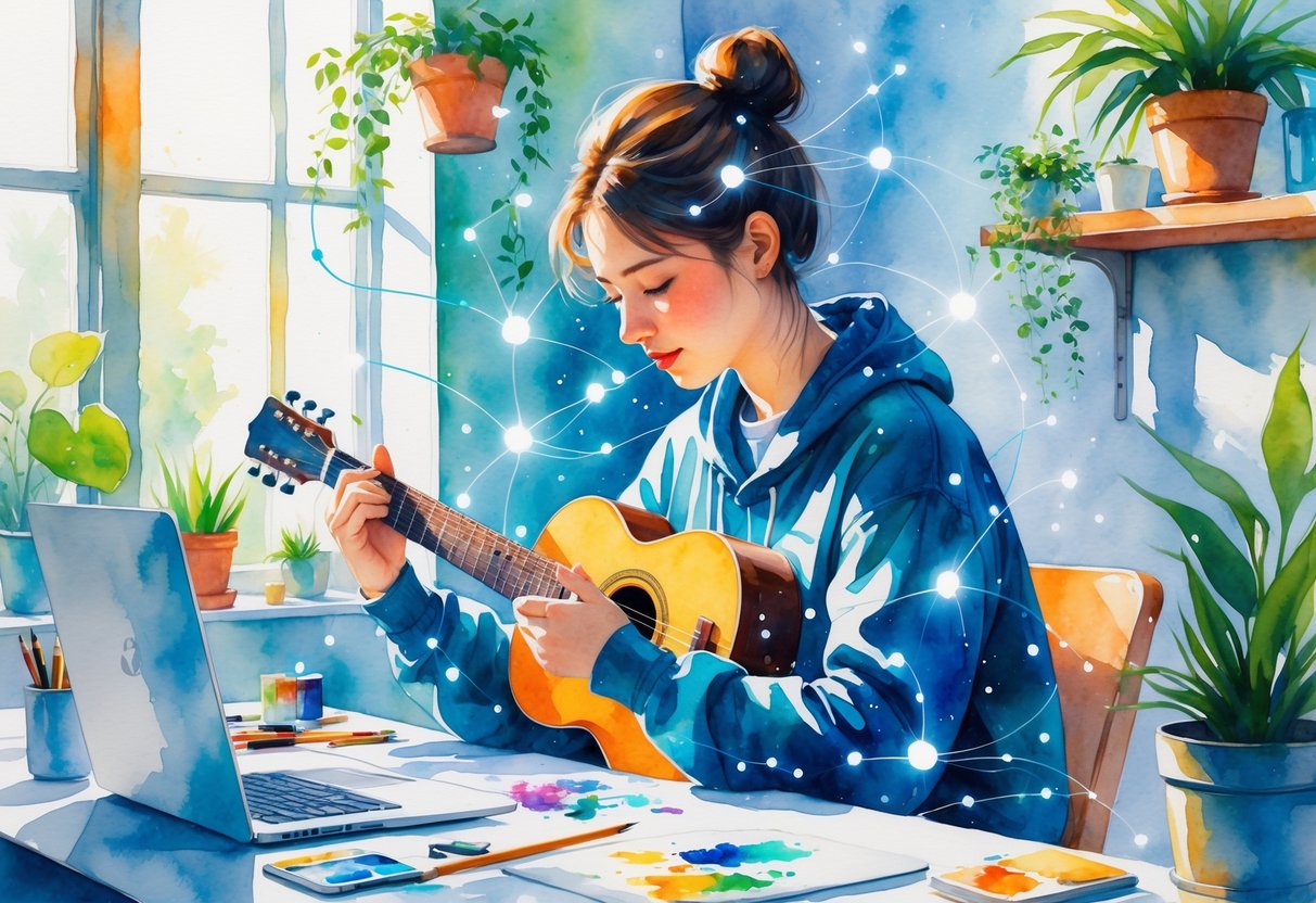 A person practicing a hobby in a bright, cozy room with abstract digital patterns floating around them, symbolizing technology supporting their learning.