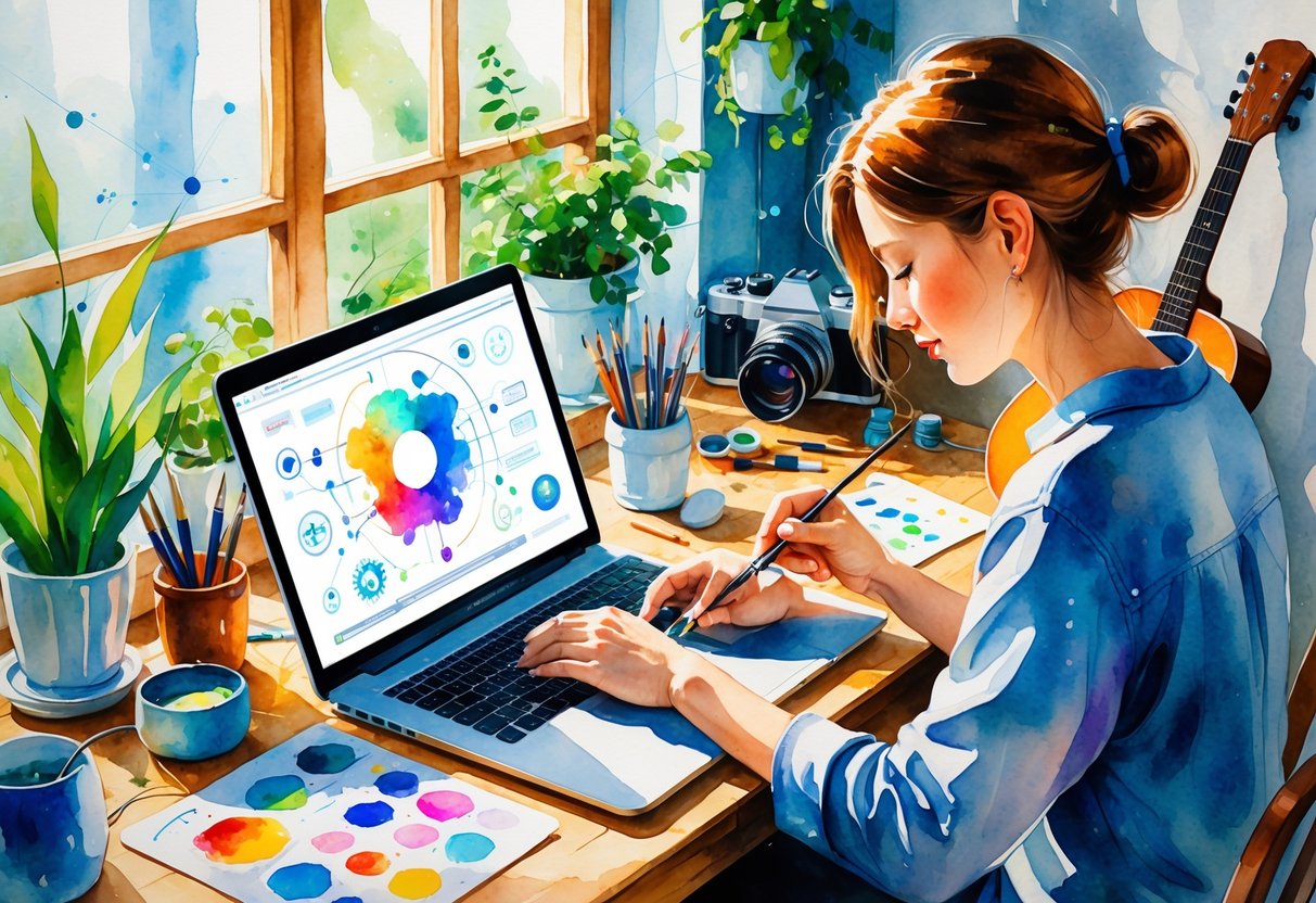 A person sitting at a desk with a laptop and various hobby supplies like paintbrushes, yarn, and a guitar, in a sunlit room with plants on the windowsill.