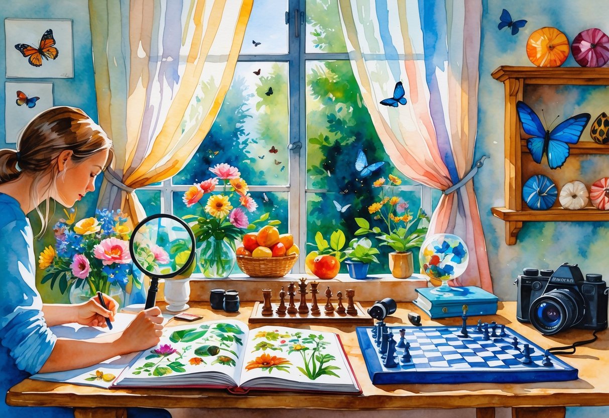 A cozy room with a person sketching flowers and fruits, a chessboard, a camera by the window, a magnifying glass on an open book, a puzzle, binoculars, and shelves with gemstones and seashells.