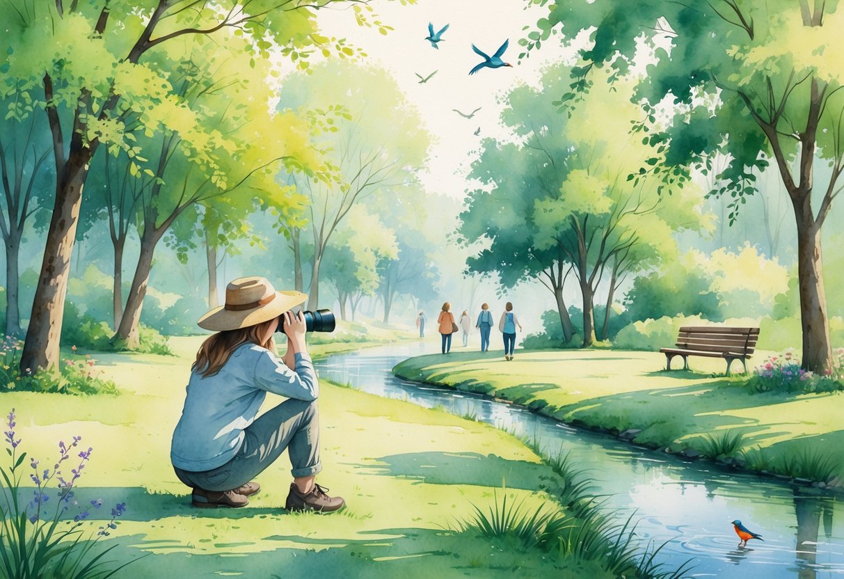 A person birdwatching in a green park with trees, colorful birds, a stream, and walking paths.