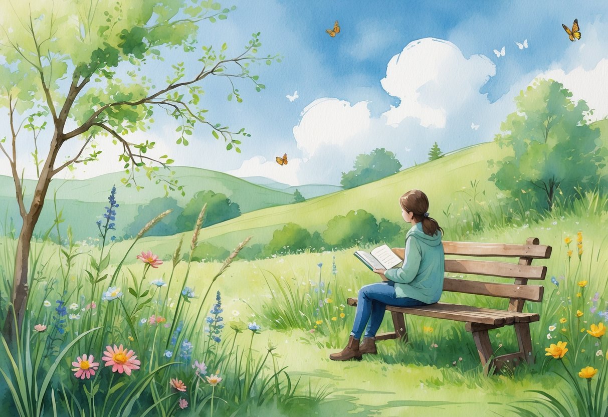 A person sitting on a bench in a meadow, writing in a journal while observing birds, flowers, and butterflies around them.