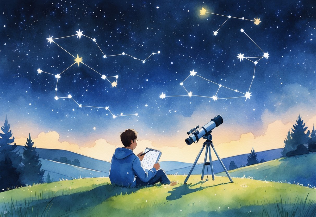 A person lying on a grassy hill at night, looking up at a starry sky with visible constellations, holding a notebook and pencil, with a telescope nearby.