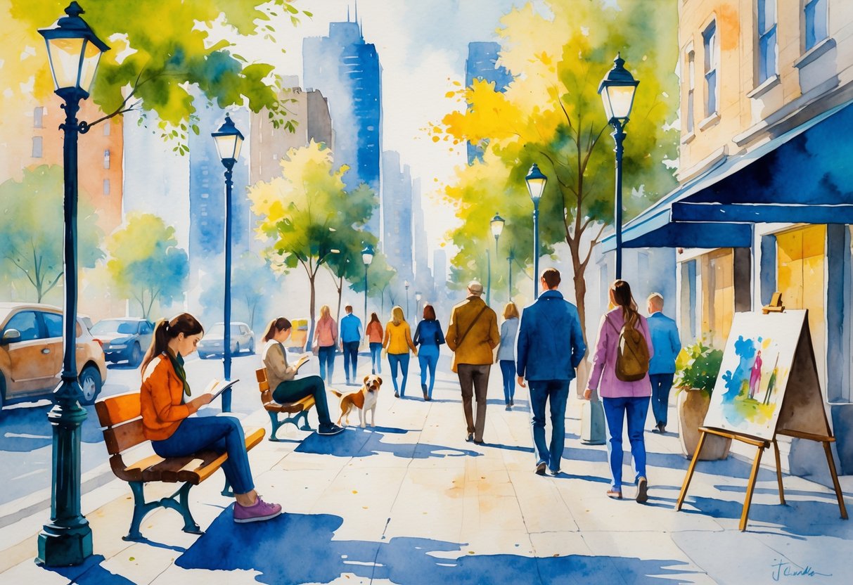 A busy city street with people engaged in various activities including sitting, walking, and playing, surrounded by buildings and trees.