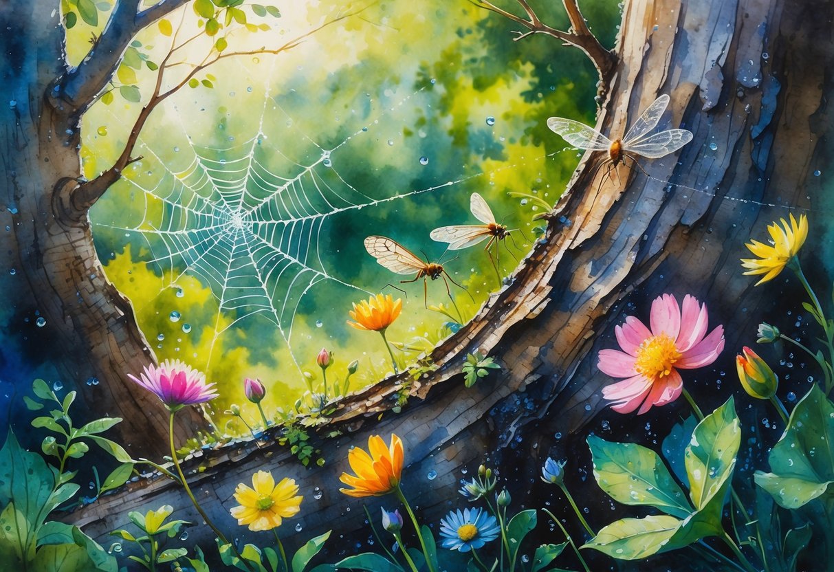 Close-up view of small natural details like dew-covered spider webs, insect wings, flower petals, and water droplets on leaves in an outdoor setting.