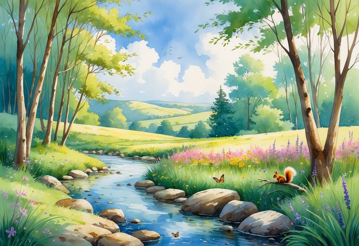 A peaceful forest clearing with trees, a small stream, colorful wildflowers, a squirrel on a branch, and rolling hills under a partly cloudy sky.