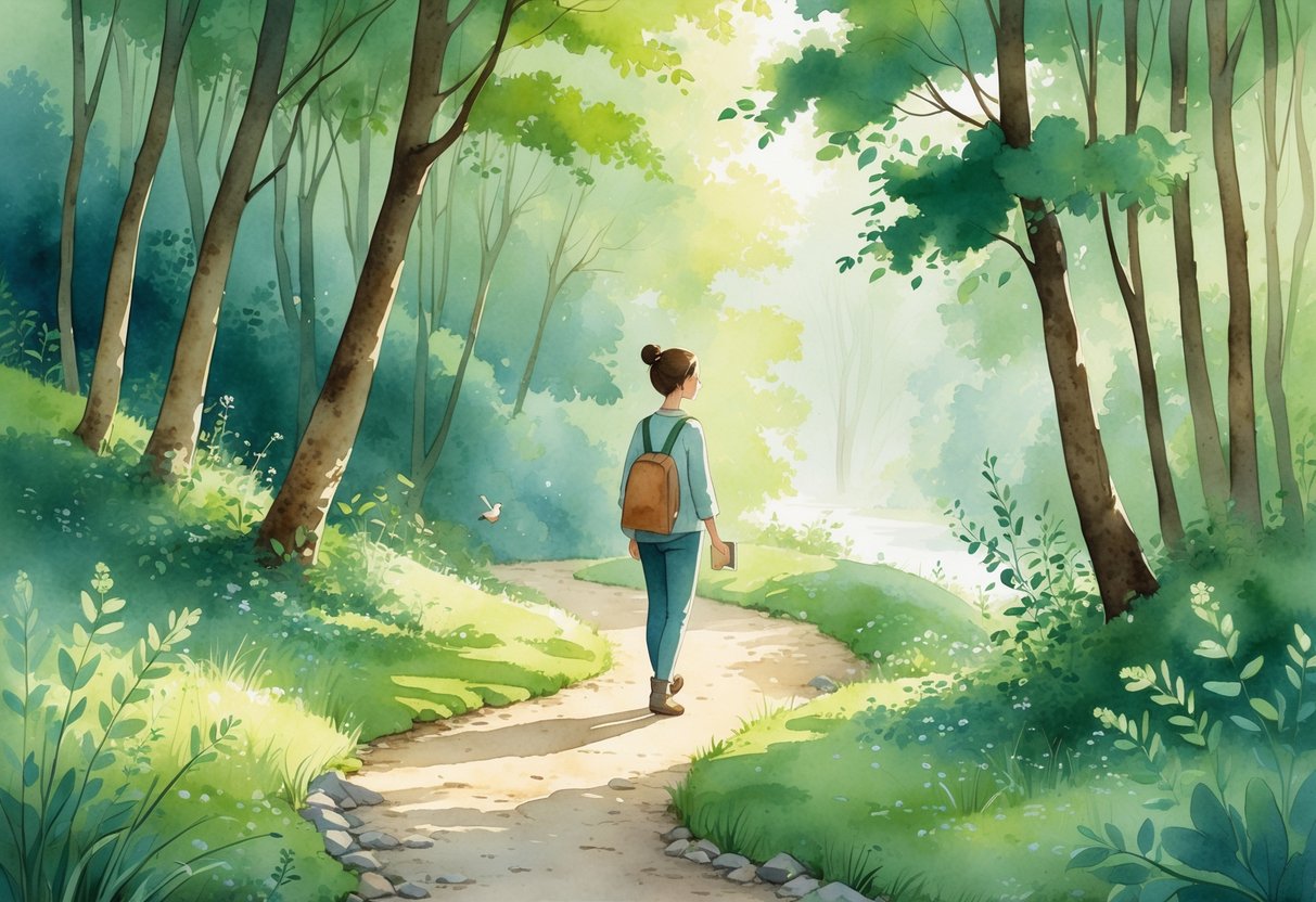 A person walking thoughtfully on a forest path surrounded by trees, plants, and a small stream.