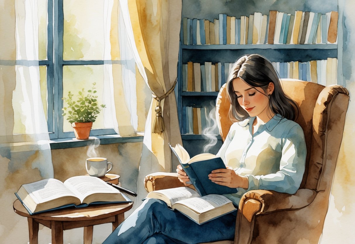 A person sitting in an armchair by a window, reading a book with a magnifying glass and a cup of tea nearby, surrounded by books and a resting cat.