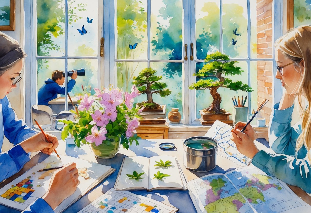 A sunlit room showing people engaged in activities like sketching flowers, birdwatching, solving a puzzle, playing chess, arranging a bonsai tree, photographing a butterfly, examining a map, painting, and reading.